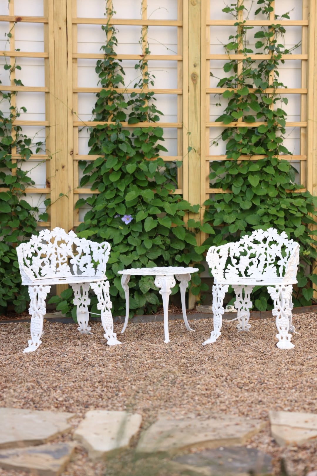 Antique Cast Iron Grapevine Bistro Set | Victorian Garden Table & Two Chairs | White Patio Furniture | French Country Outdoor Seating