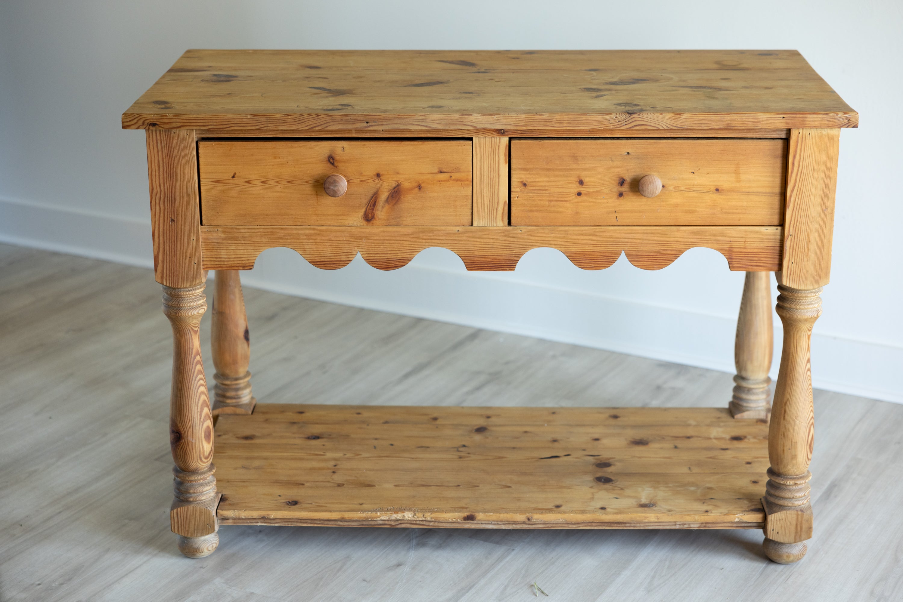 Vintage Pine Work Table | Farmhouse Kitchen Prep Island Table | Pine Potboard Table | European Farmhouse Console Table 37.5” Tall